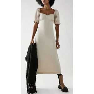 Free People Beach Beige Bel Air Midi Square Neck Ribbed Dress Stretch MEDIUM